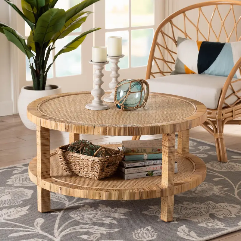 Baxton Studio bali & pari Kalimantan Bohemian Light Honey Rattan and Mahogany Wood Coffee Table