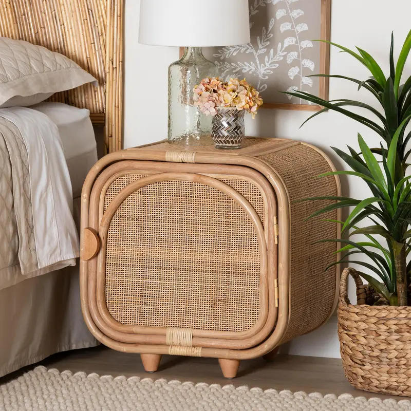 Baxton Studio bali & pari Keita Bohemian Natural Rattan and Mahogany Wood Nightstand