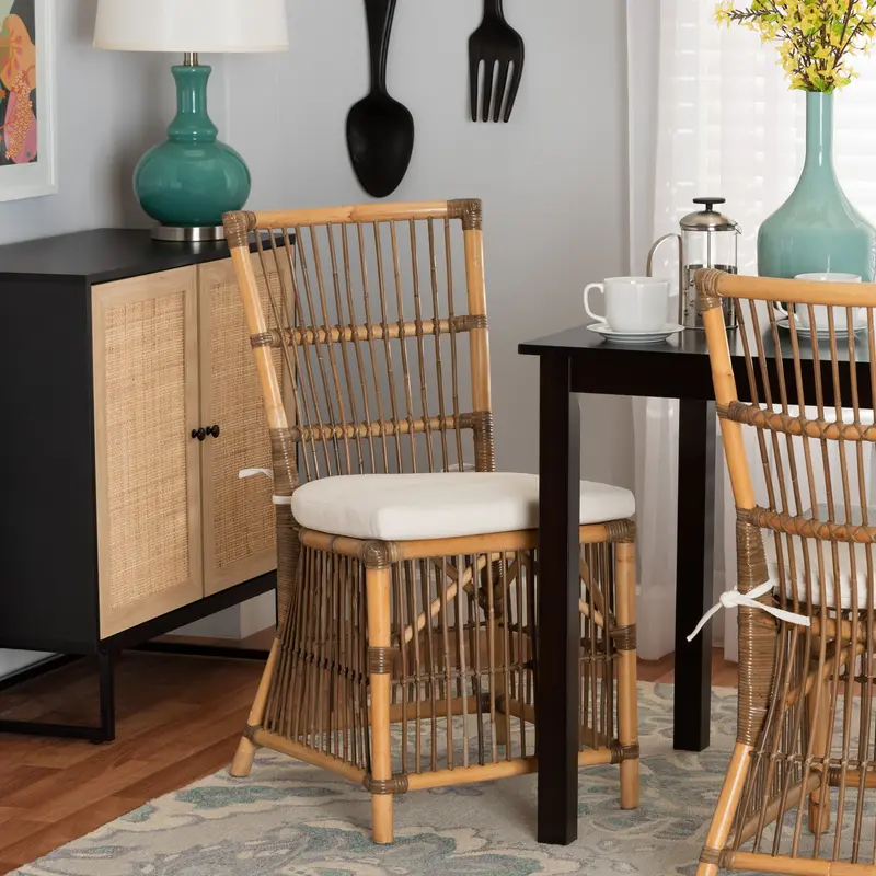 Baxton Studio bali & pari Kim Modern Bohemian White Fabric and Natural Brown Rattan Dining Chair