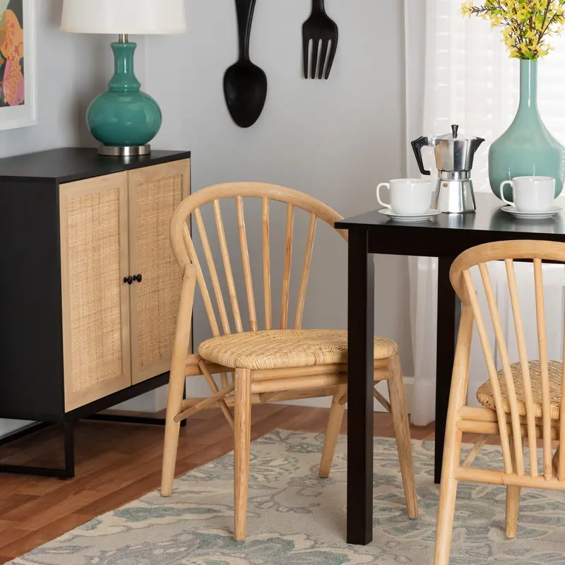 Baxton Studio bali & pari Kobe Mid-Century Modern Natural Brown Finished Wood and Rattan Dining Chair
