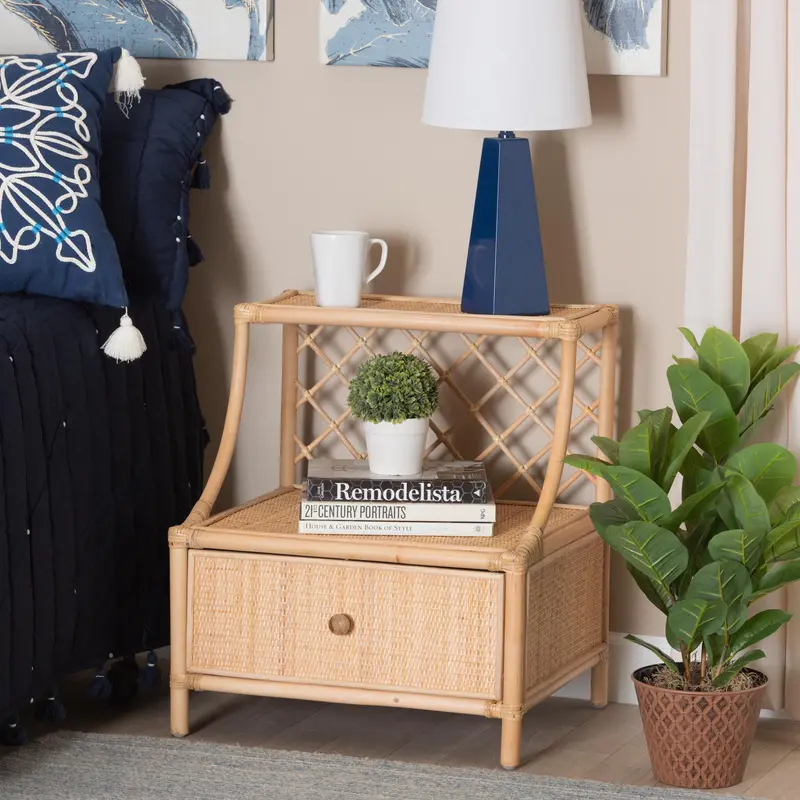 Baxton Studio bali & pari Lalo Modern Bohemian Natural Brown Rattan 1-Drawer Nightstand