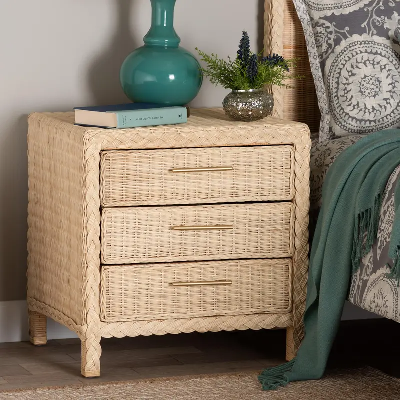 Baxton Studio bali & pari Lanica Japandi Sun Bleached Rattan 3-Drawer Nightstand