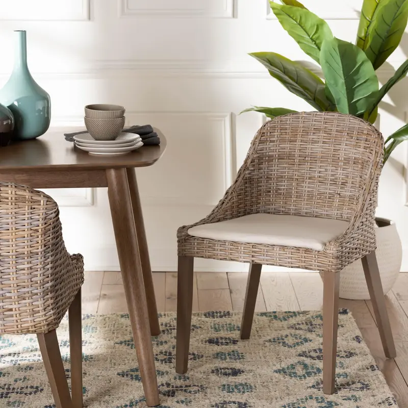 Baxton Studio bali & pari Lara Bohemian Grey Kubu Rattan and Mahogany Wood Dining Chair