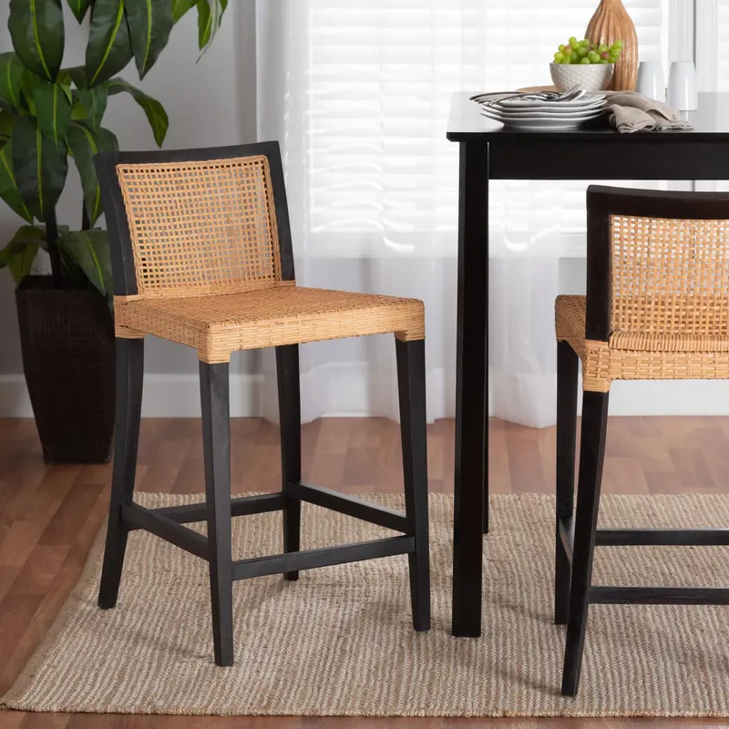 Baxton Studio bali & pari Lingga Modern Bohemian Dark Brown Mahogany Wood and Natural Rattan Counter Stool