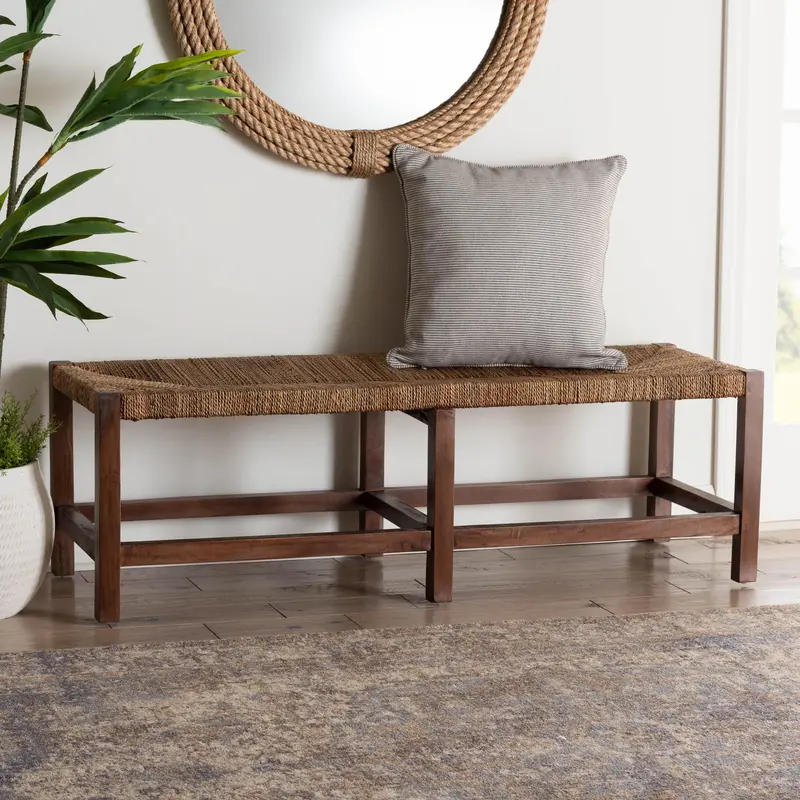 Baxton Studio bali & pari Liza Bohemian Natural Seagrass and Wood Accent Bench
