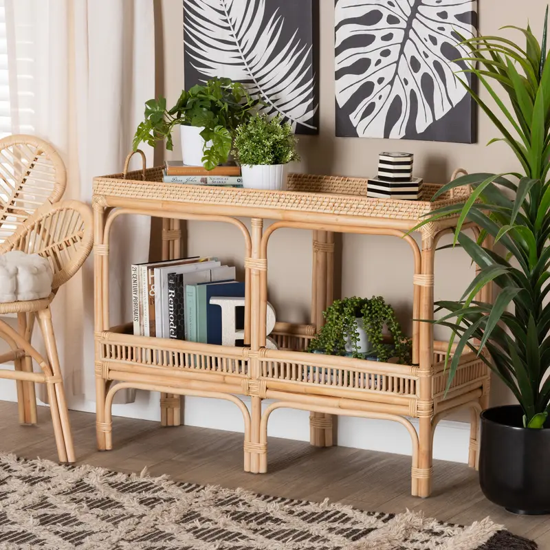 Baxton Studio bali & pari Lombok Modern Bohemian Natural Brown Rattan Console Table