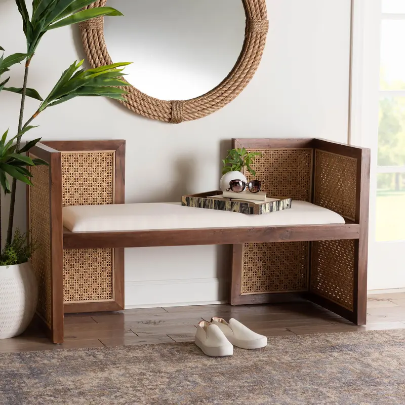 Baxton Studio bali & pari Lovina Bohemian Light Honey Rattan and Acacia Wood Accent Bench