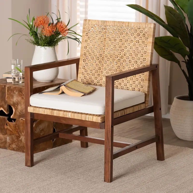 Baxton Studio bali & pari Lovina Bohemian Light Honey Rattan and Acacia Wood Arm Chair