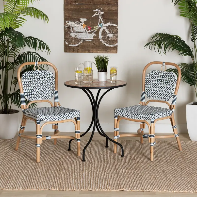 Baxton Studio bali & pari Luciana Modern French Blue and White Weaving Natural Rattan Bistro Chair