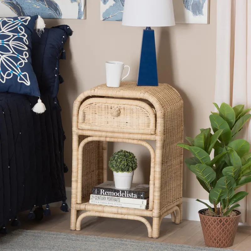 Baxton Studio bali & pari Magni Modern Bohemian Natural Brown Rattan 1-Drawer Nightstand