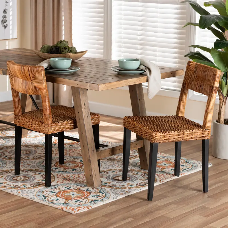 Baxton Studio bali & pari Manrico Modern Bohemian Dark Brown Finished Wood and Natural Rattan 2-Piece Dining Chair Set