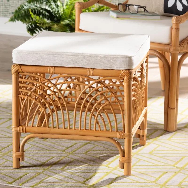 Baxton Studio bali & pari Materra Modern bohemian Natural Brown Rattan Footstool