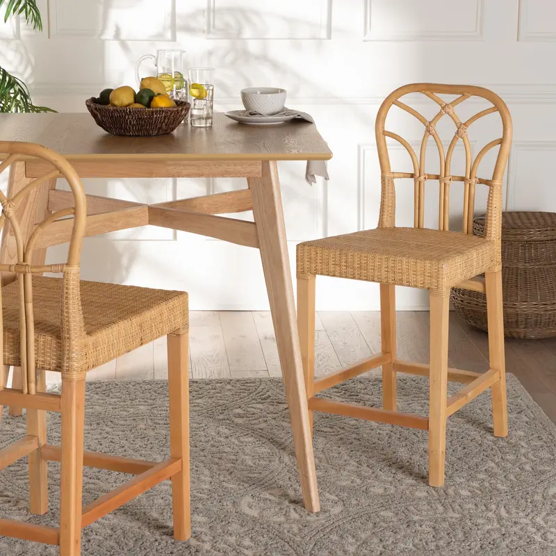 Baxton Studio bali & pari Monaco Modern Bohemian Natural Rattan and Mahogany Wood Counter Stool