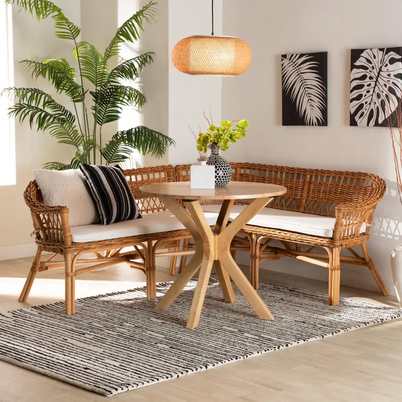 Baxton Studio bali & pari Nella Modern Bohemian Natural Brown Rattan 2-Piece Dining Nook Banquette Set