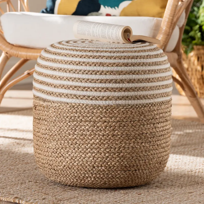 Baxton Studio bali & pari Nequiel Modern Bohemian Natural Brown Seagrass and Woven Rope Ottoman Footstool