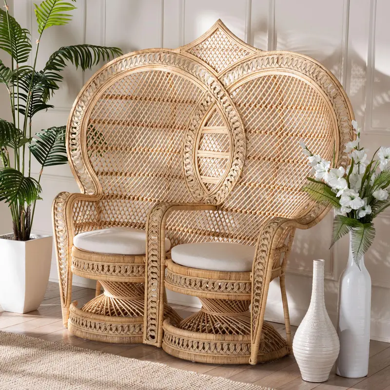 Baxton Studio bali & pari Nerita Modern Bohemian Natural Brown Rattan Two-Seater Peacock Chair