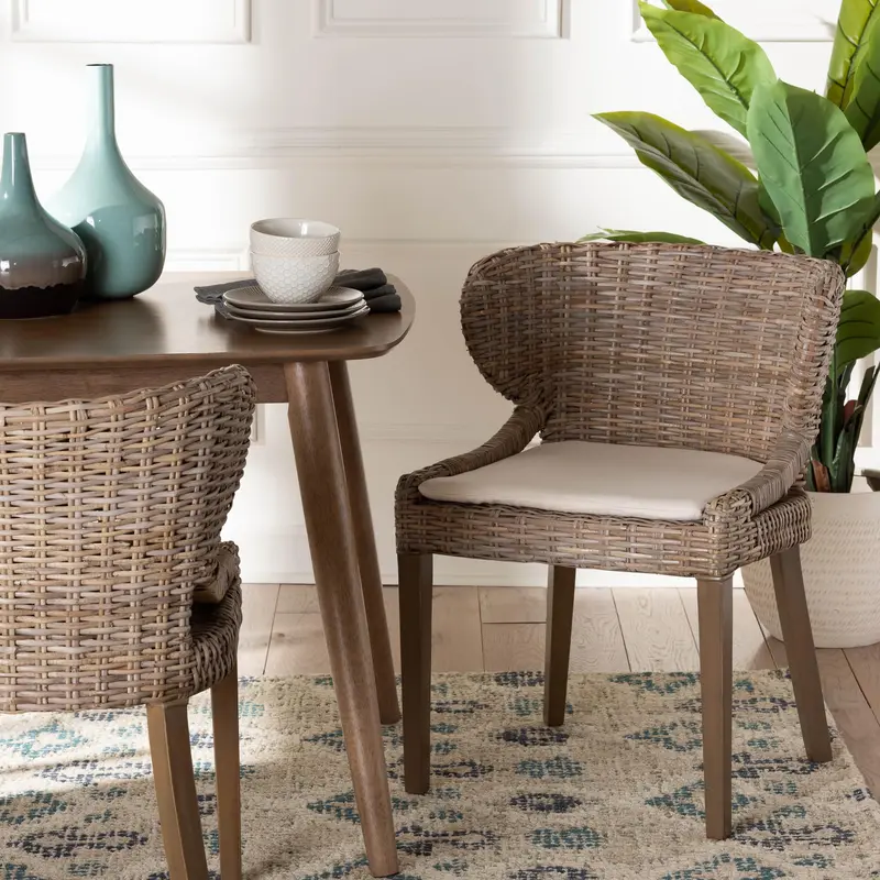 Baxton Studio bali & pari Niesha Bohemian Grey Natural Kubu Rattan and Mahogany Wood Dining Chair