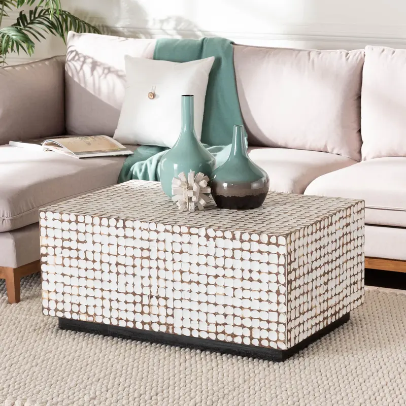 Baxton Studio bali & pari Nitza Bohemian White Coconut Shell and Acacia Wood Coffee Table
