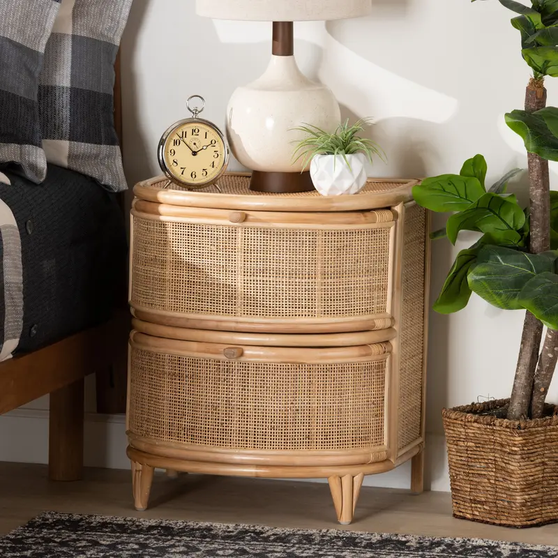 Baxton Studio bali & pari Oleta Modern Bohemian Natural Brown Rattan 2-Drawer Nightstand