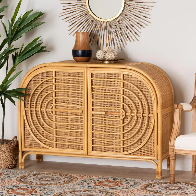Baxton Studio bali & pari Ovalet Modern Bohemian Natural Brown Rattan 2-Door Sideboard