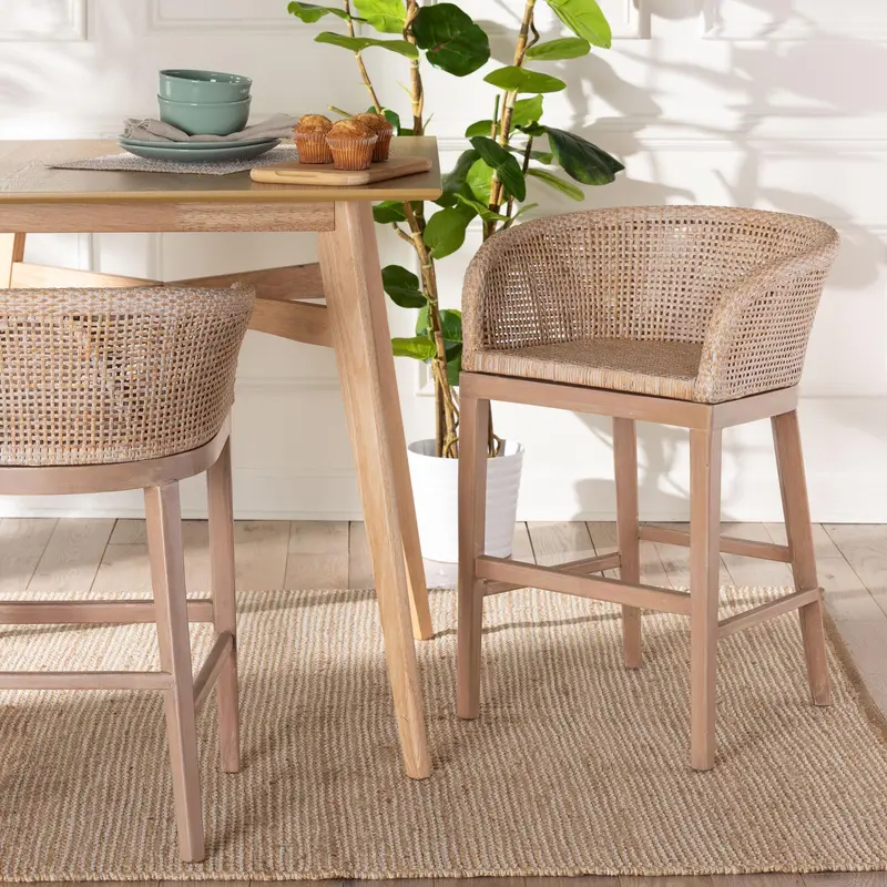 Baxton Studio bali & pari Papua Modern Bohemian Antique White Washed Rattan and Mahogany Wood Counter Stool