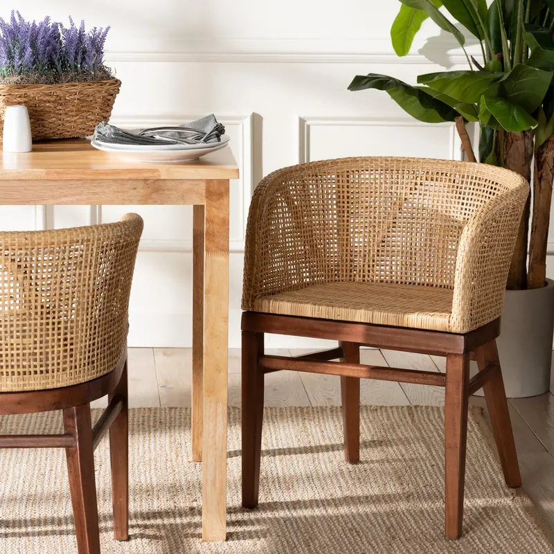 Baxton Studio bali & pari Papua Modern Bohemian Natural Rattan and Walnut Brown Acacia Wood Dining Chair