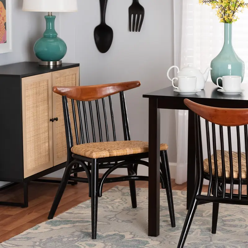 Baxton Studio bali & pari Parthenia Mid-Century Modern Two-Tone Black and Walnut Brown Finished Mahogany Wood and Natural Rattan Dining Chair