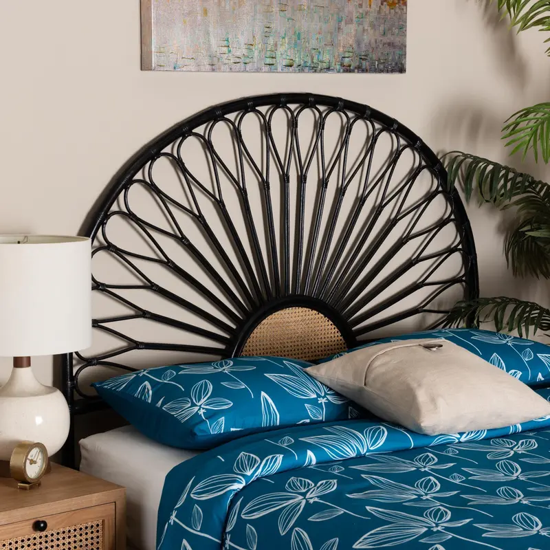 Baxton Studio bali & pari Perenna Modern Bohemian Two-Tone Black and Natural Brown Rattan King Size Standalone Headboard