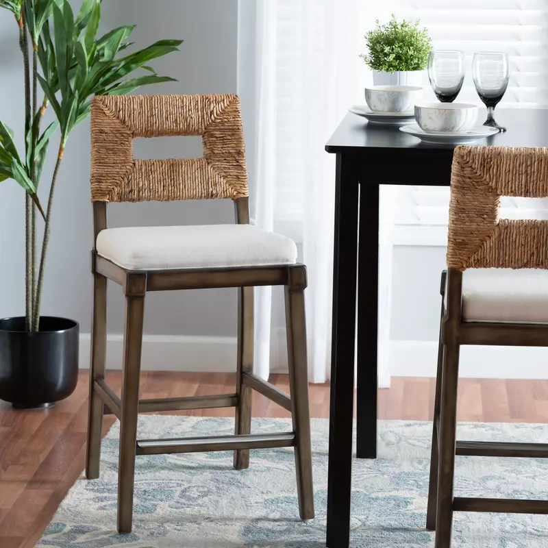 Baxton Studio bali & pari Porsha Modern Bohemian Dark Brown Finished Mahogany Wood and Natural Rattan Counter Stool