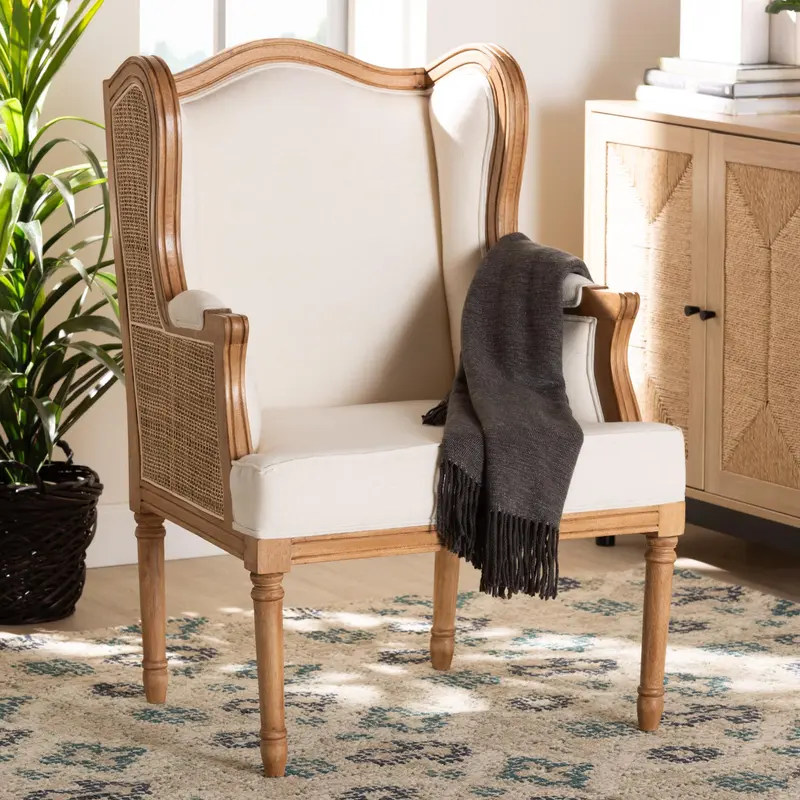 Baxton Studio bali & pari Rachana Traditional French Beige Fabric and Honey Oak Finished Wood Accent Chair
