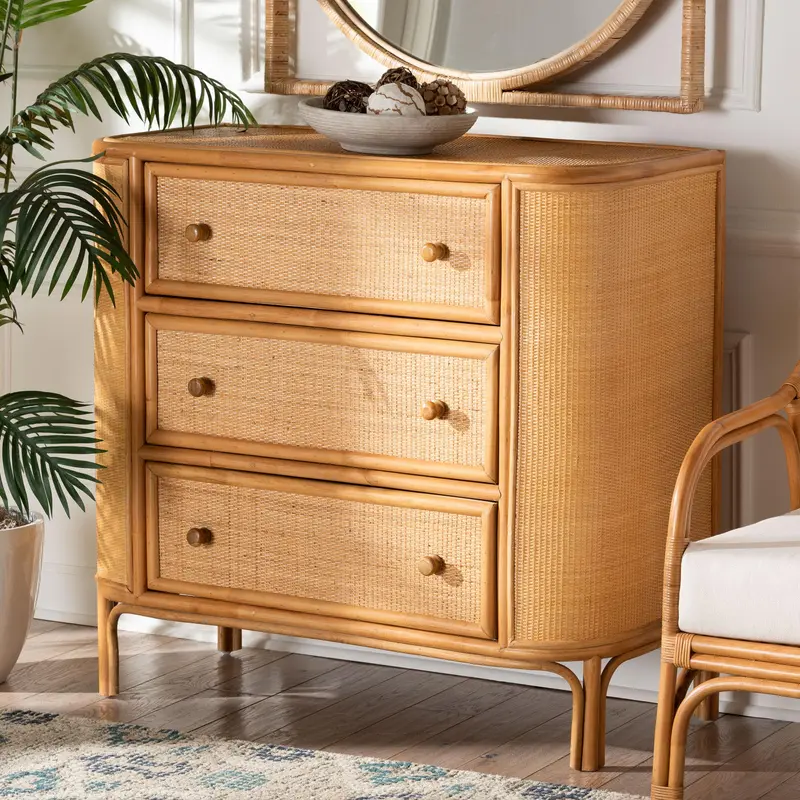 Baxton Studio bali & pari Radenza Bohemian Light Honey Rattan 3-Drawer Storage Cabinet