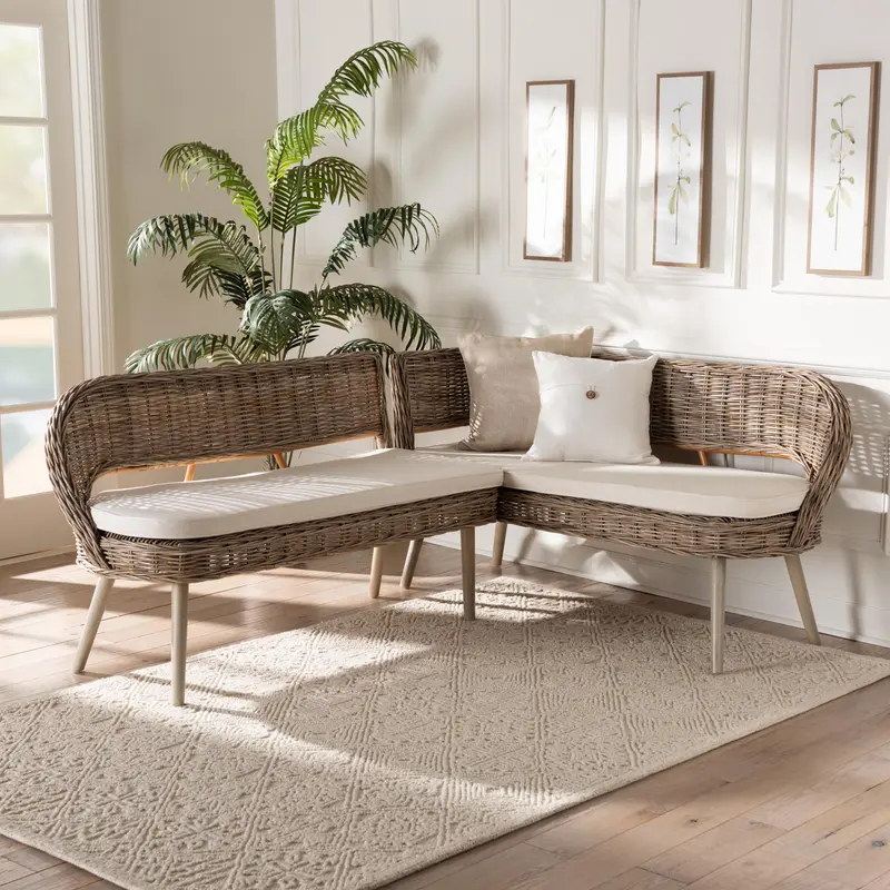 Baxton Studio bali & pari Raisa Modern Bohemian Natural Kubu Rattan and Grey Acacia Wood 2-Piece Dining Nook Banquette Set