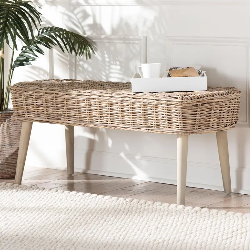 Baxton Studio bali & pari Raisa Modern Bohemian Natural Kubu Rattan and Grey Acacia Wood Accent Bench