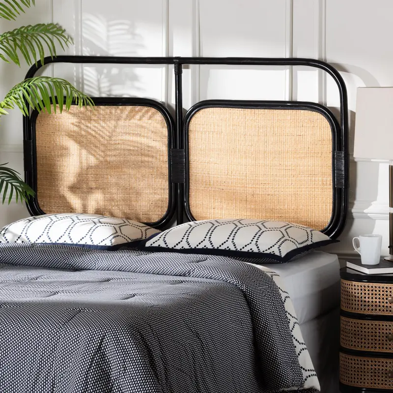 Baxton Studio bali & pari Ramsey Modern Bohemian Two-Tone Black and Natural Brown Rattan King Size Standalone Headboard