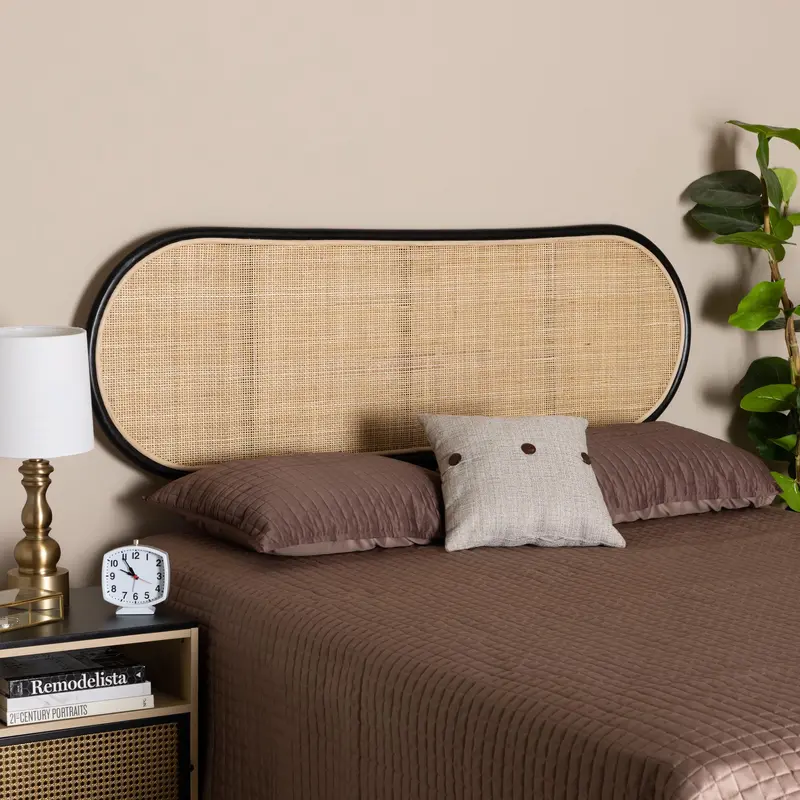 Baxton Studio bali & pari Reegan Modern Bohemian Two-Tone Black and Natural Brown Rattan Queen Size Standalone Headboard