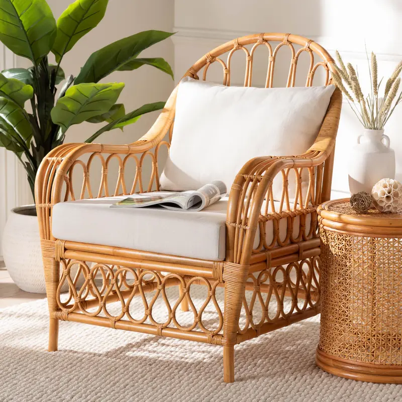 Baxton Studio bali & pari Reina Bohemian Light Honey Rattan Arm Chair