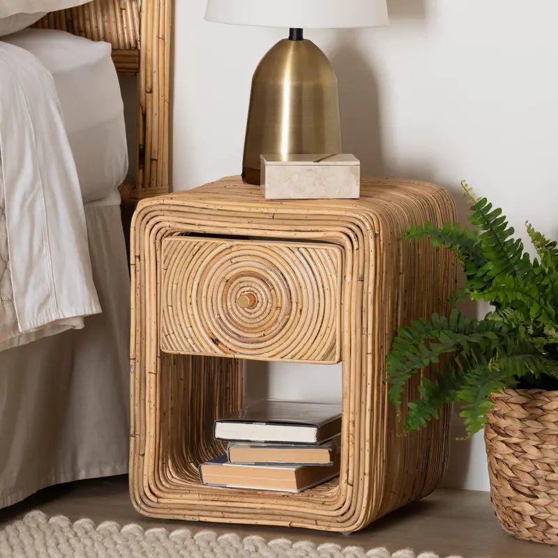 Baxton Studio bali & pari Rosina Bohemian Natural Rattan 1-Drawer Nightstand