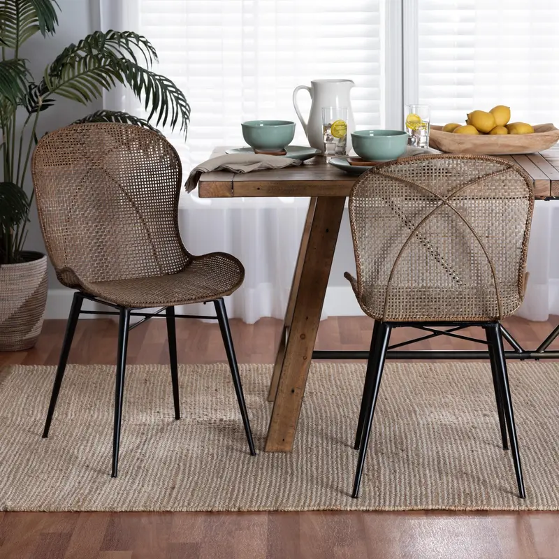 Baxton Studio bali & pari Sabelle Japandi Greywashed Rattan and Black Metal 2-Piece Dining Chair Set