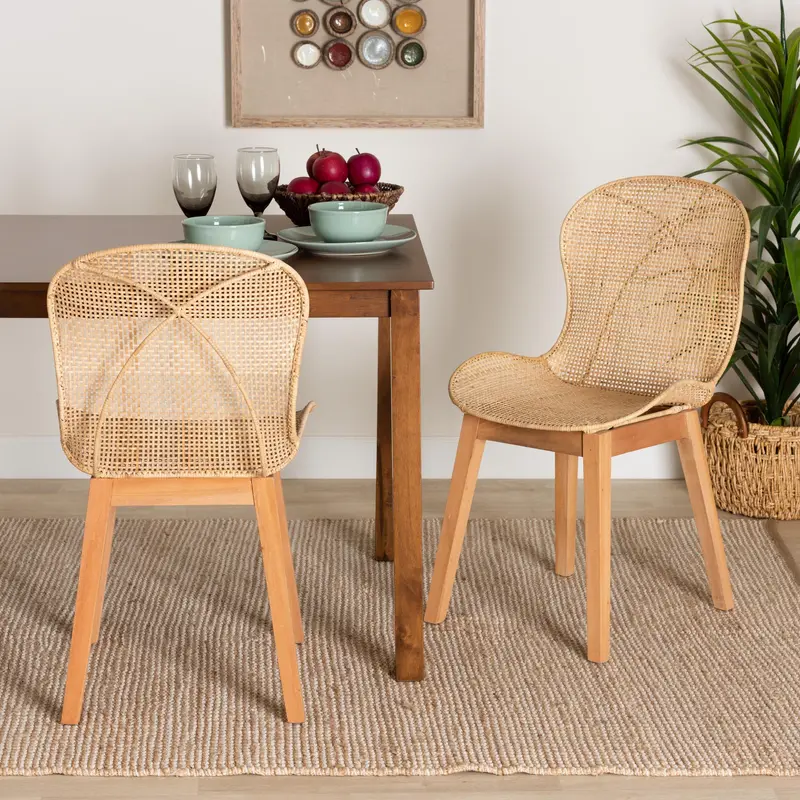 Baxton Studio bali & pari Sabelle Japandi Natural Brown Mahogany and Rattan 2-Piece Dining Chair Set