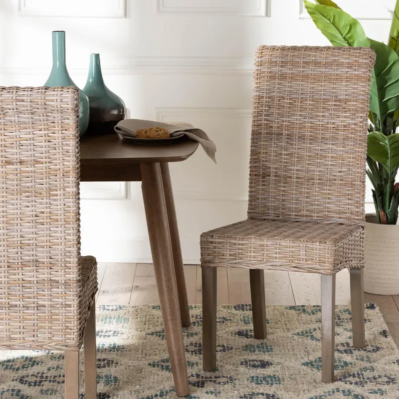 Baxton Studio bali & pari Santiago Bohemian Grey Natural Kubu Rattan and Mango Wood Dining Chair