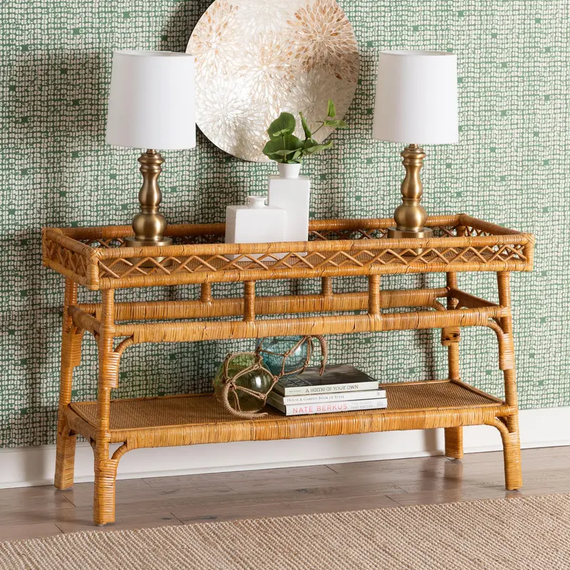Baxton Studio bali & pari Savitri Modern Bohemian Natural Rattan 2-Tier Console Table