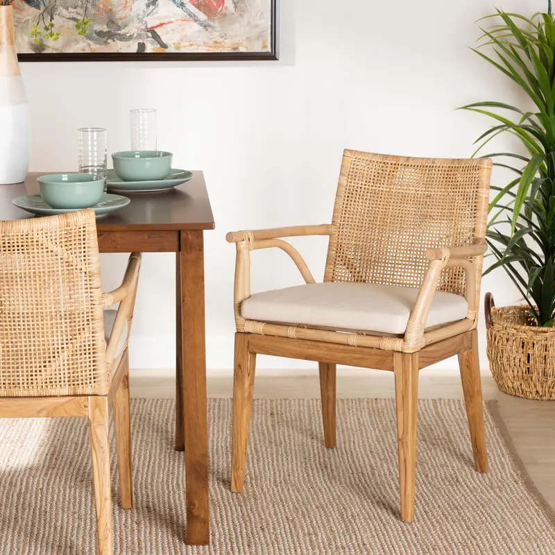 Baxton Studio bali & pari Storsel Modern Bohemian Natural Brown Finished Teak Wood and Rattan Dining Chair