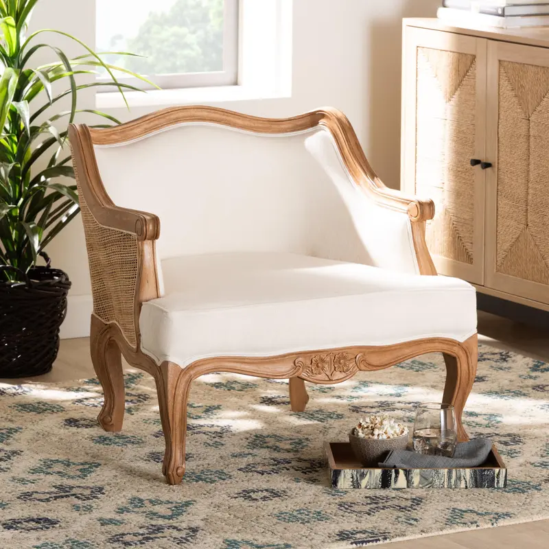 Baxton Studio bali & pari Sylvestra Traditional French Beige Fabric and Honey Oak Finished Wood Low Seat Accent Chair
