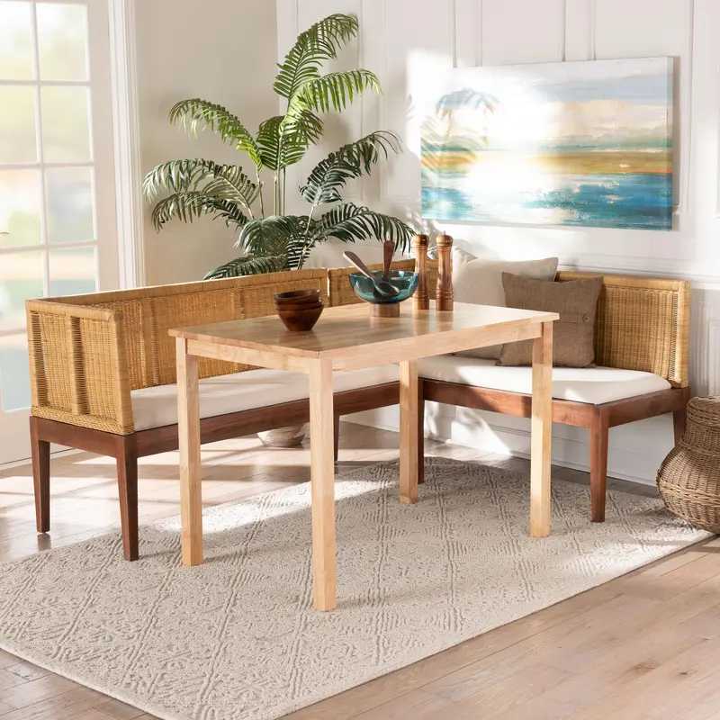 Baxton Studio bali & pari Tabanan Modern Bohemian Natural Brown Rattan and Brown Acacia Wood 3-Piece Dining Nook set