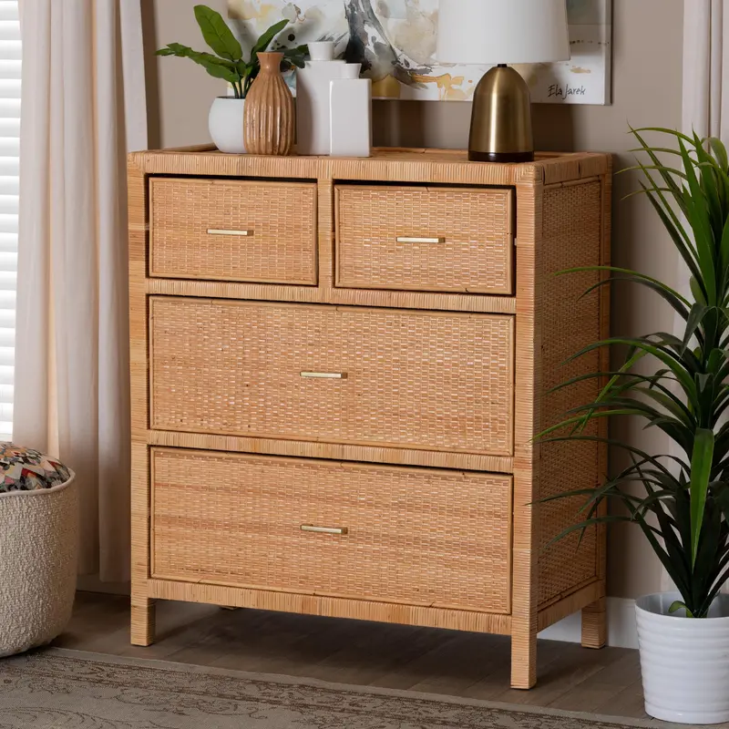 Baxton Studio bali & pari Vaere Modern Bohemian Natural Brown Rattan and Mahogany Wood Storage Cabinet