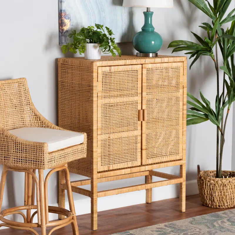 Baxton Studio bali & pari Vivan Modern Bohemian Natural Brown Rattan and Mahogany Wood 3-Shelf Storage Cabinet