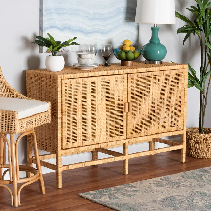 Baxton Studio bali & pari Vivan Modern Bohemian Natural Brown Rattan and Mahogany Wood Storage Cabinet