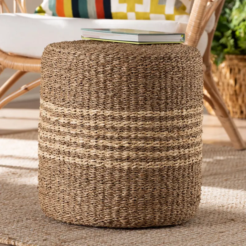 Baxton Studio bali & pari Wickham Modern Bohemian Natural Brown Seagrass Ottoman Footstool