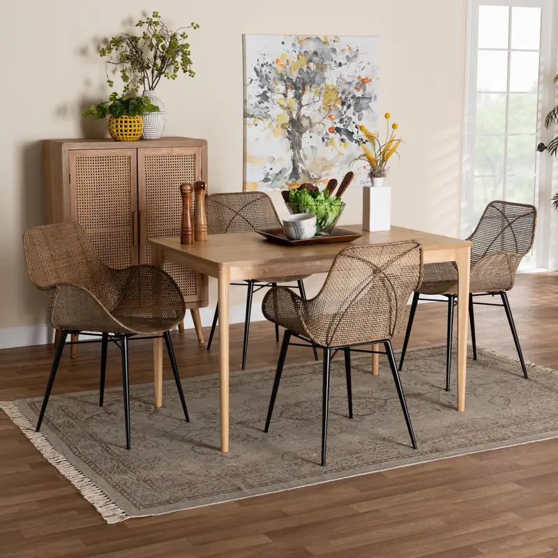 Baxton Studio Ballerina Modern Bohemian Greywashed Rattan and Black Metal 5-Piece Dining Set