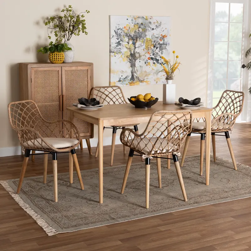 Baxton Studio Ballerina Modern Bohemian Greywashed Rattan and Natural Brown Finished Wood 5-Piece Dining Set